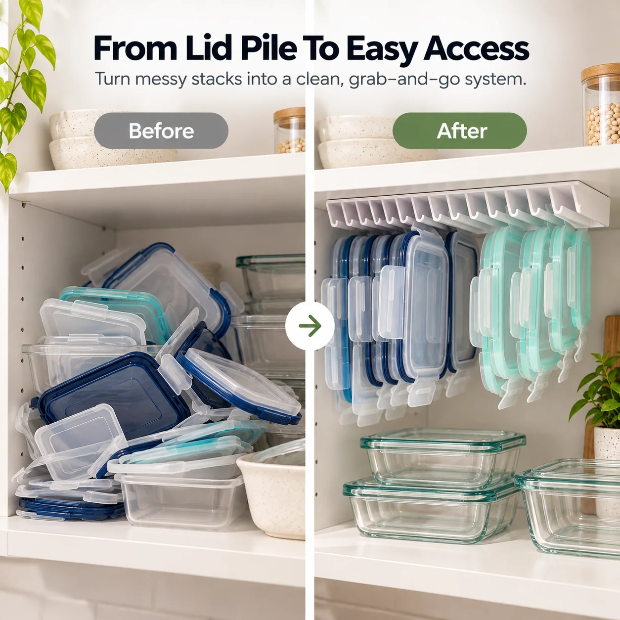 Before and after comparison of cluttered food container lids transformed into organized vertical storage beneath a cabinet shelf