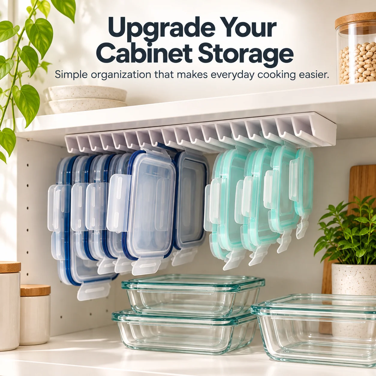 Food container lids stored vertically in a white five-slot under-shelf organizer with glass containers below