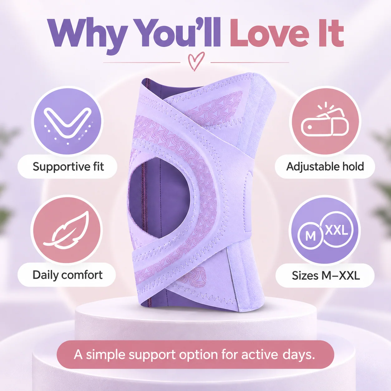 Knee brace product overview showing the open kneecap, adjustable straps, and supportive fit