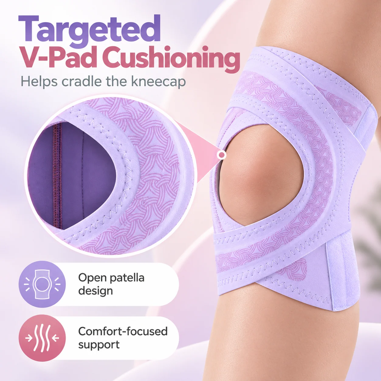 Close-up of the V-shaped kneecap padding and open patella design