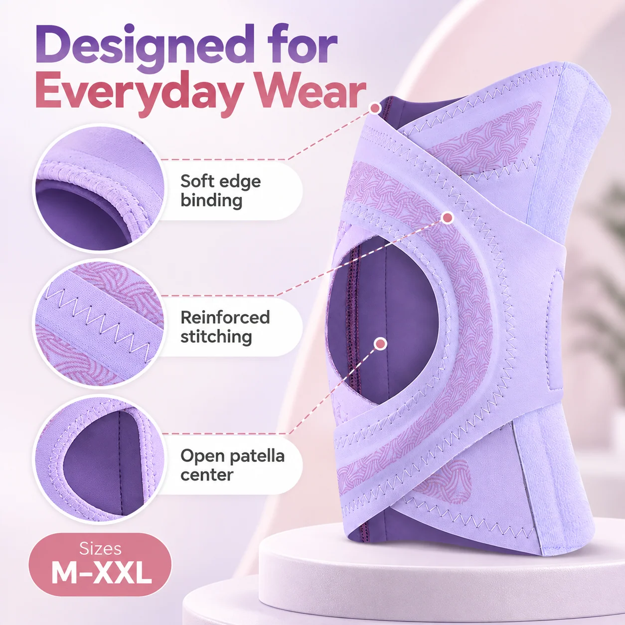 Woman wearing the purple knee brace while walking outdoors