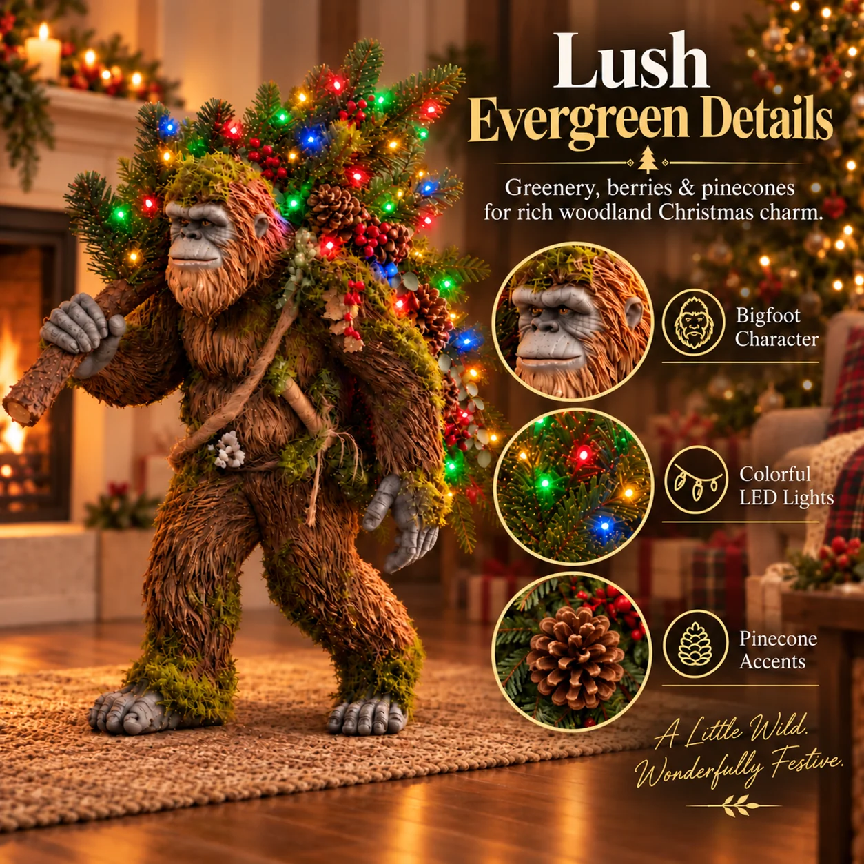 Woodland Bigfoot decorative details and colorful Christmas lights