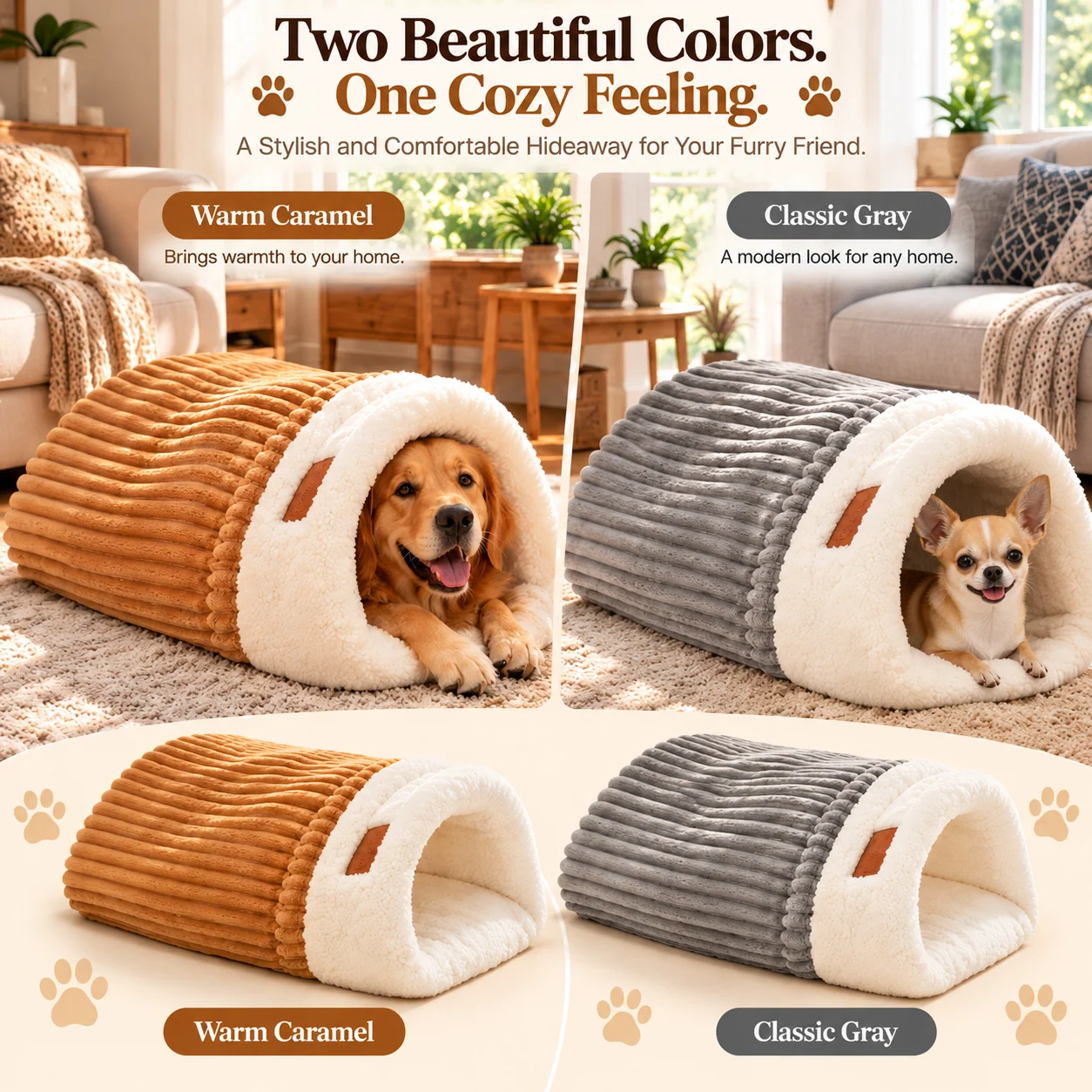 Warm caramel and classic gray color choices