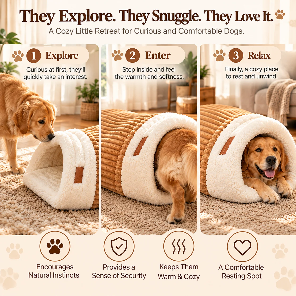 Dog exploring and relaxing in a cozy hideaway
