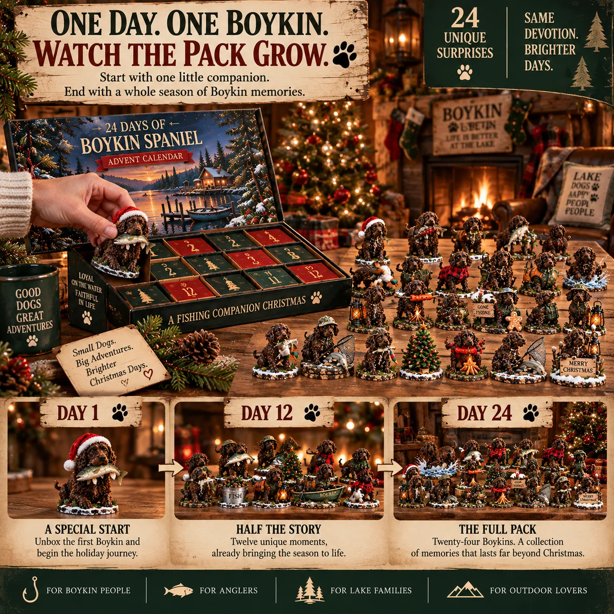 Boykin Spaniel Advent Calendar opening and Day 1 Day 12 Day 24 collection display