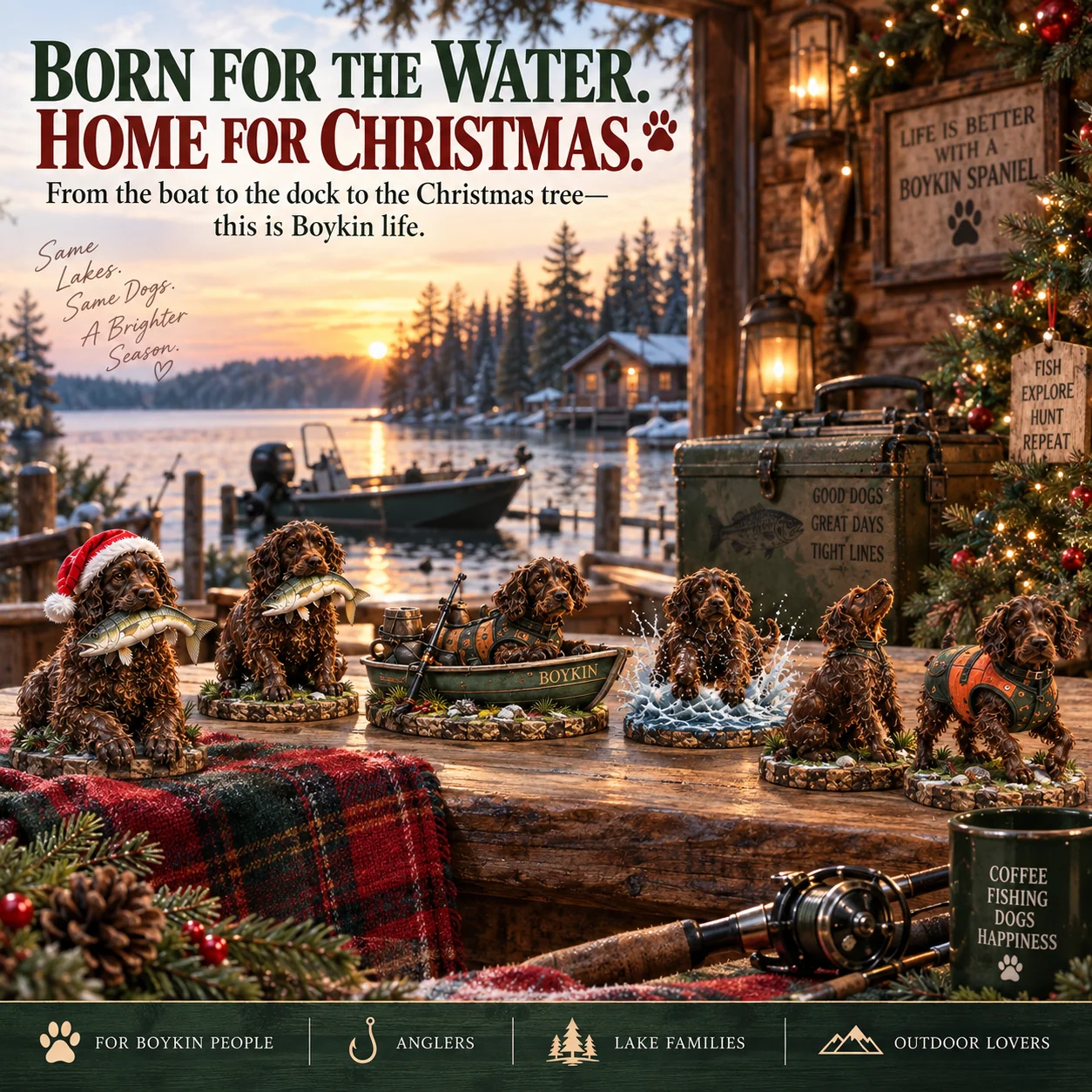 Boykin Spaniel fishing companion collection at a lakeside cabin