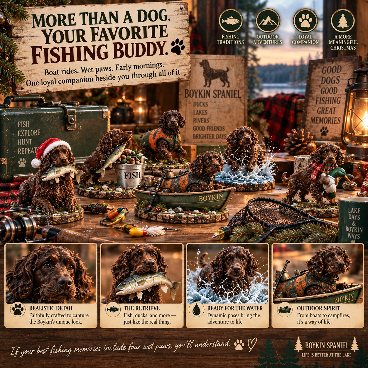Detailed Boykin Spaniel figurines with fish ducks fishing boat and water scenes