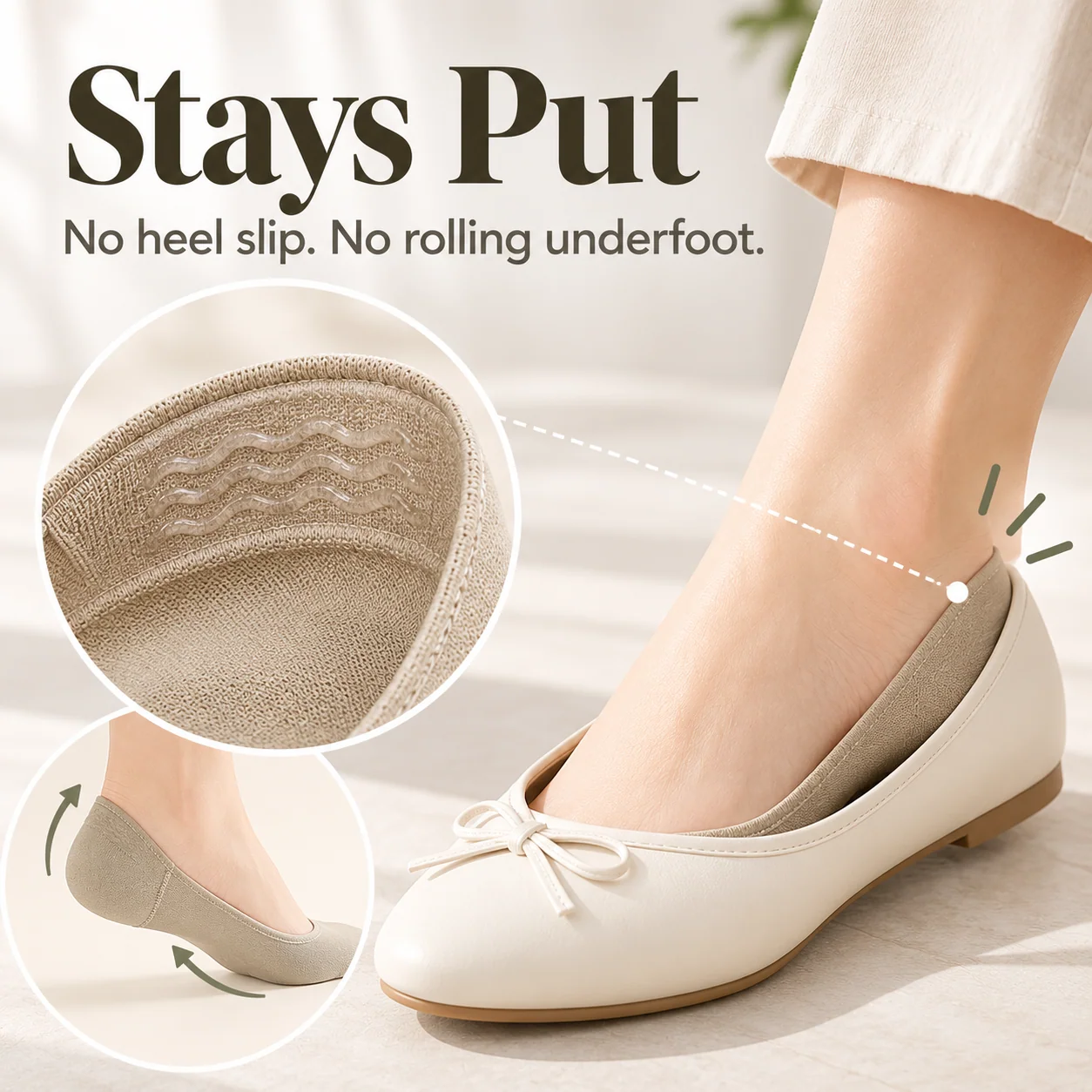 Illustrative heel coverage and low-cut fit concept for liner socks worn with ballet flats