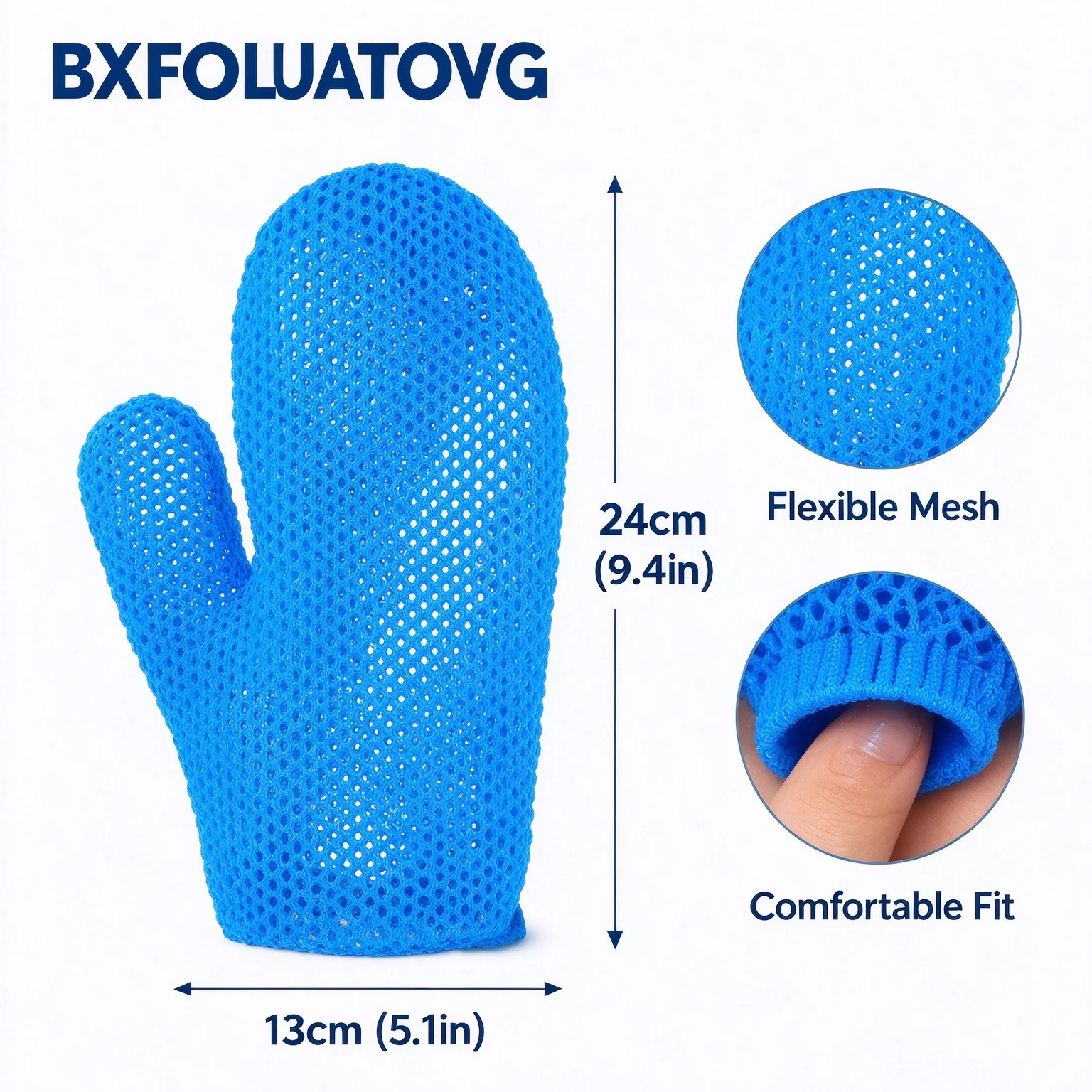 Bath glove size and texture detail showing approximate dimensions