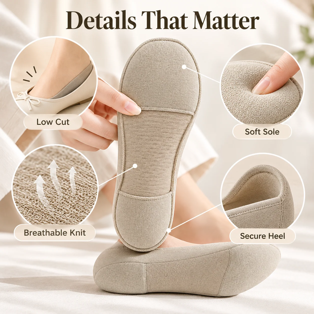 Product construction infographic showing low-cut edge, padded sole and liner sock fabric details
