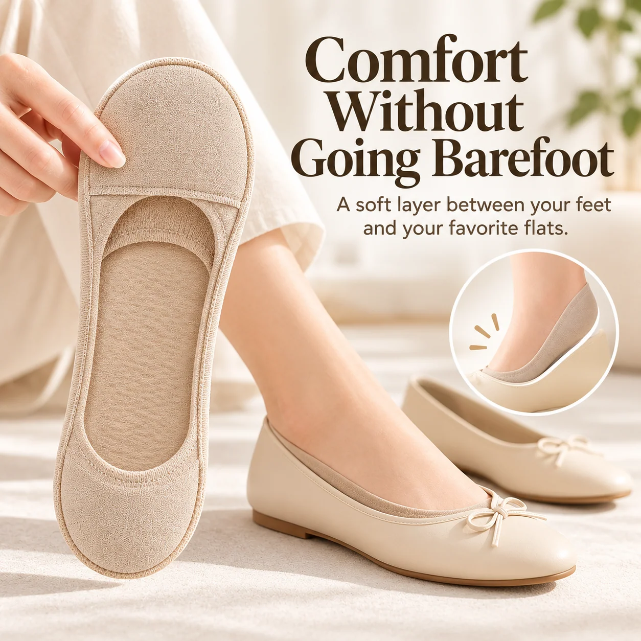 No-show liner sock paired with a cream ballet flat to demonstrate low-cut coverage