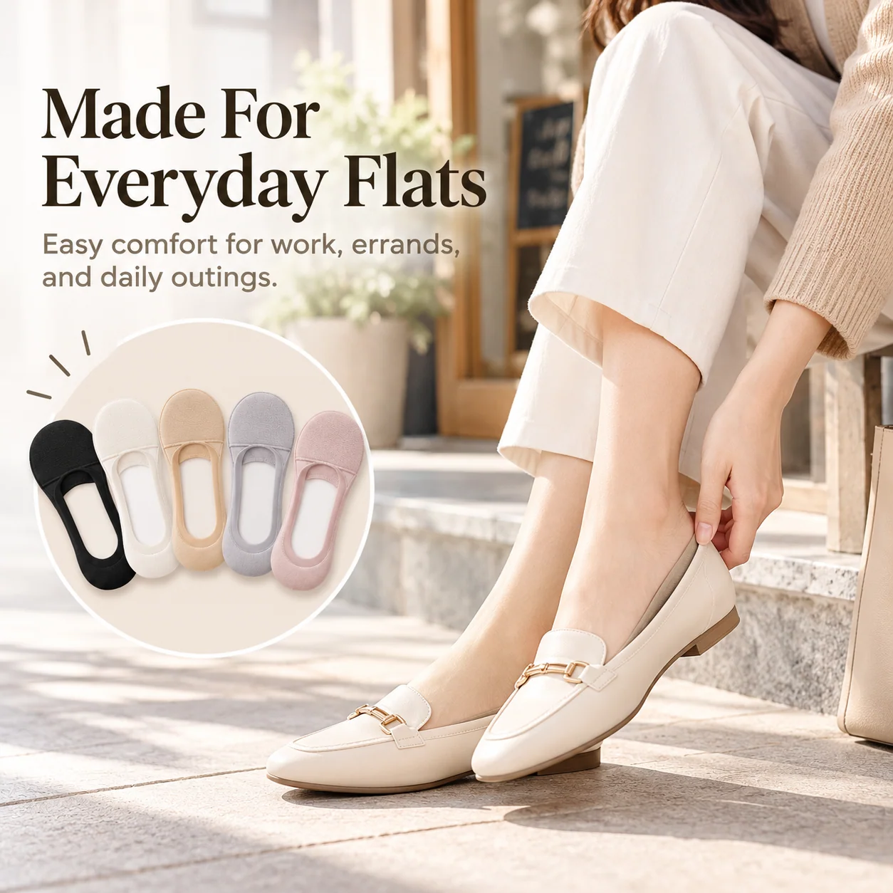 Woman wearing neutral loafers with a cushioned no-show sock style for everyday outings