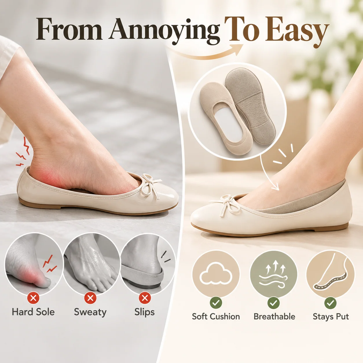 Illustrated before and after comparison of wearing ballet flats with and without cushioned liner socks
