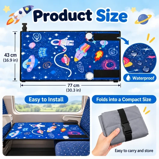 Product dimension illustration and details for airplane seat extender