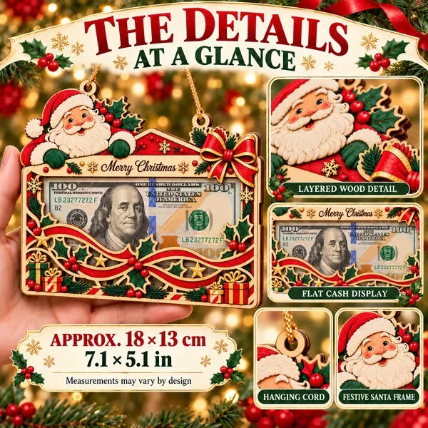 Wooden Santa Christmas cash gift holder ornament showing layered wood details, flat cash display and approximate size