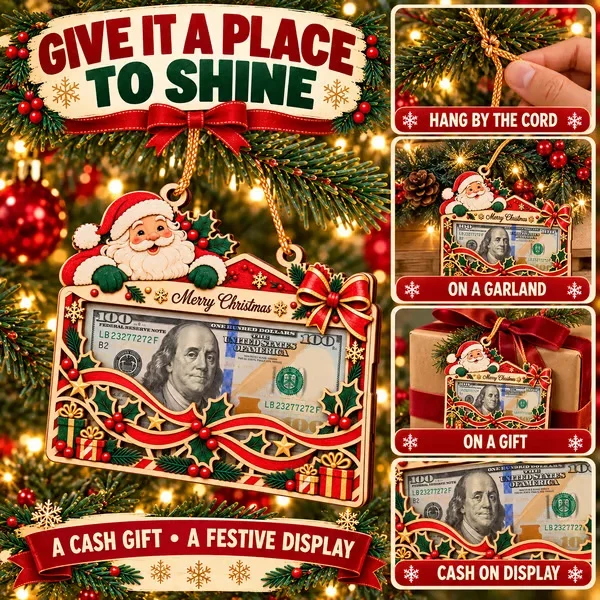Wooden Christmas cash gift ornament displayed on a Christmas tree, garland and gift