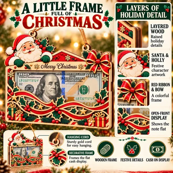 Close-up of the layered wooden frame, Santa artwork, red bow and open-front cash display