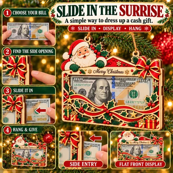 Four-step guide showing how to insert a banknote through the side opening of the wooden Christmas ornament