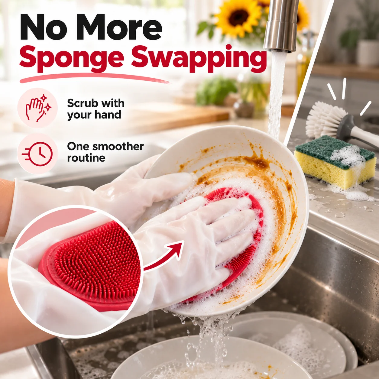 Dishwashing glove with integrated scrubber cleaning a plate instead of a separate sponge