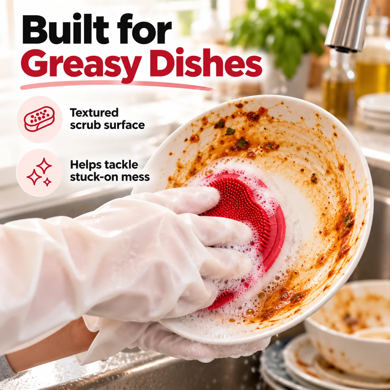 Red textured scrubber on a white glove working on food residue inside a plate