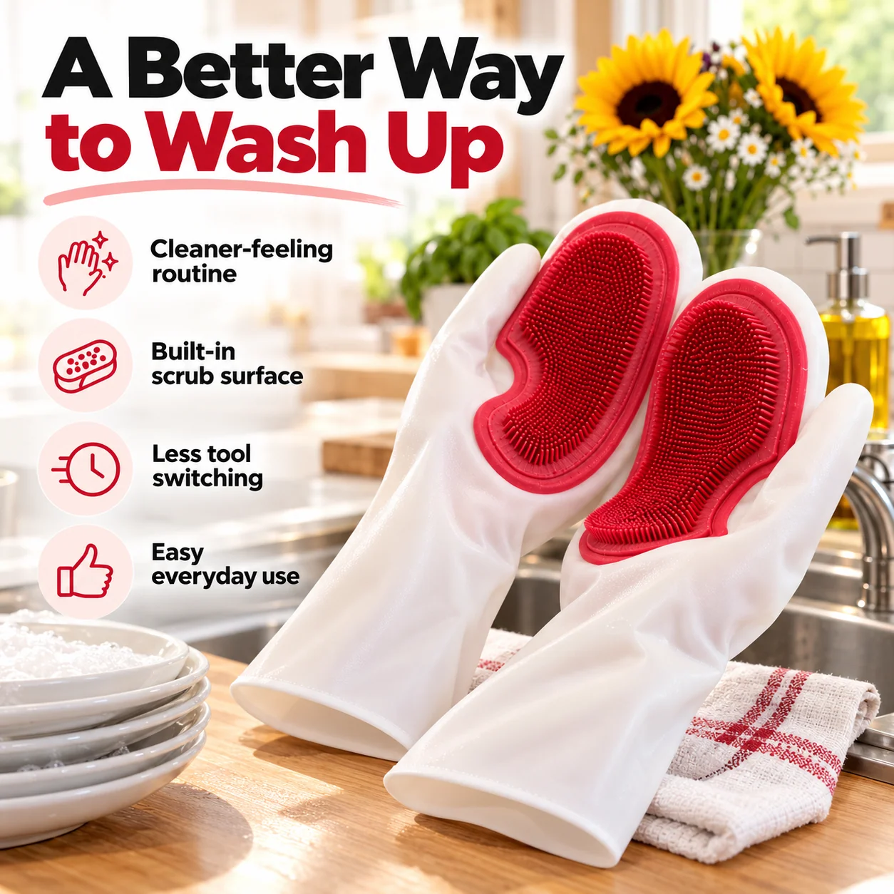 White dishwashing gloves with red scrubbers displayed in a bright kitchen