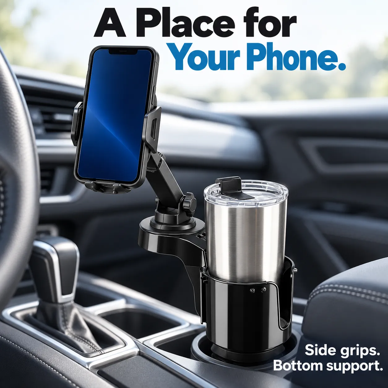 Combined cup holder and phone mount showing a drink and smartphone in separate positions