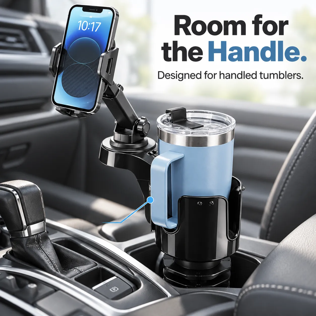 Side opening in the expanded car cup holder leaves space for a compatible tumbler handle