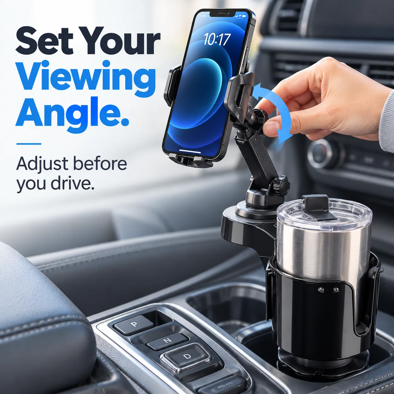 Adjustable phone mount arm being positioned inside a parked car