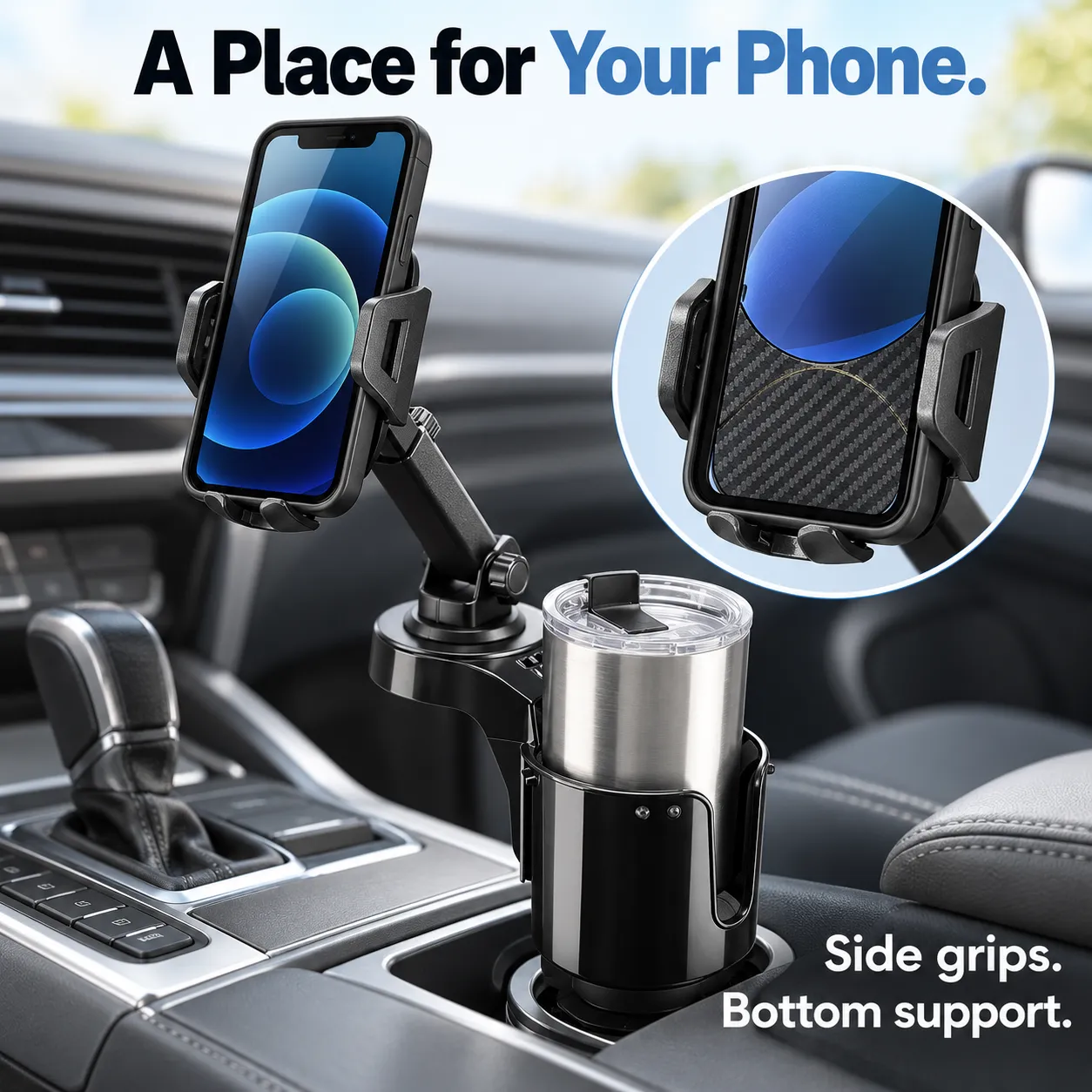 Phone supported by adjustable side grips and lower support feet on the car phone mount