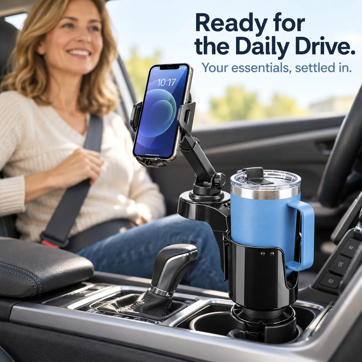Two-in-one cup holder and phone mount shown in a car during a daily drive