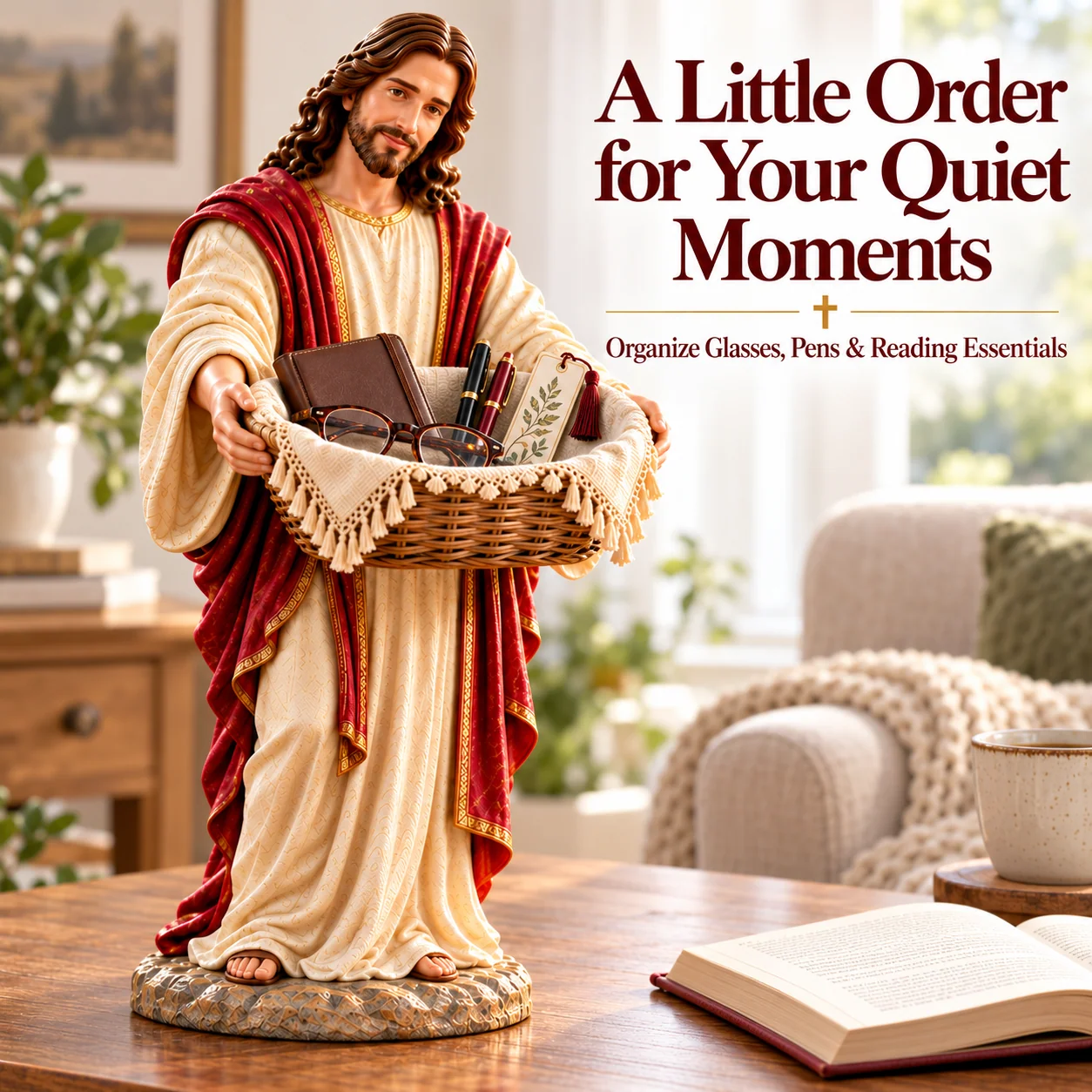 Jesus basket holding keys, a wallet and daily essentials