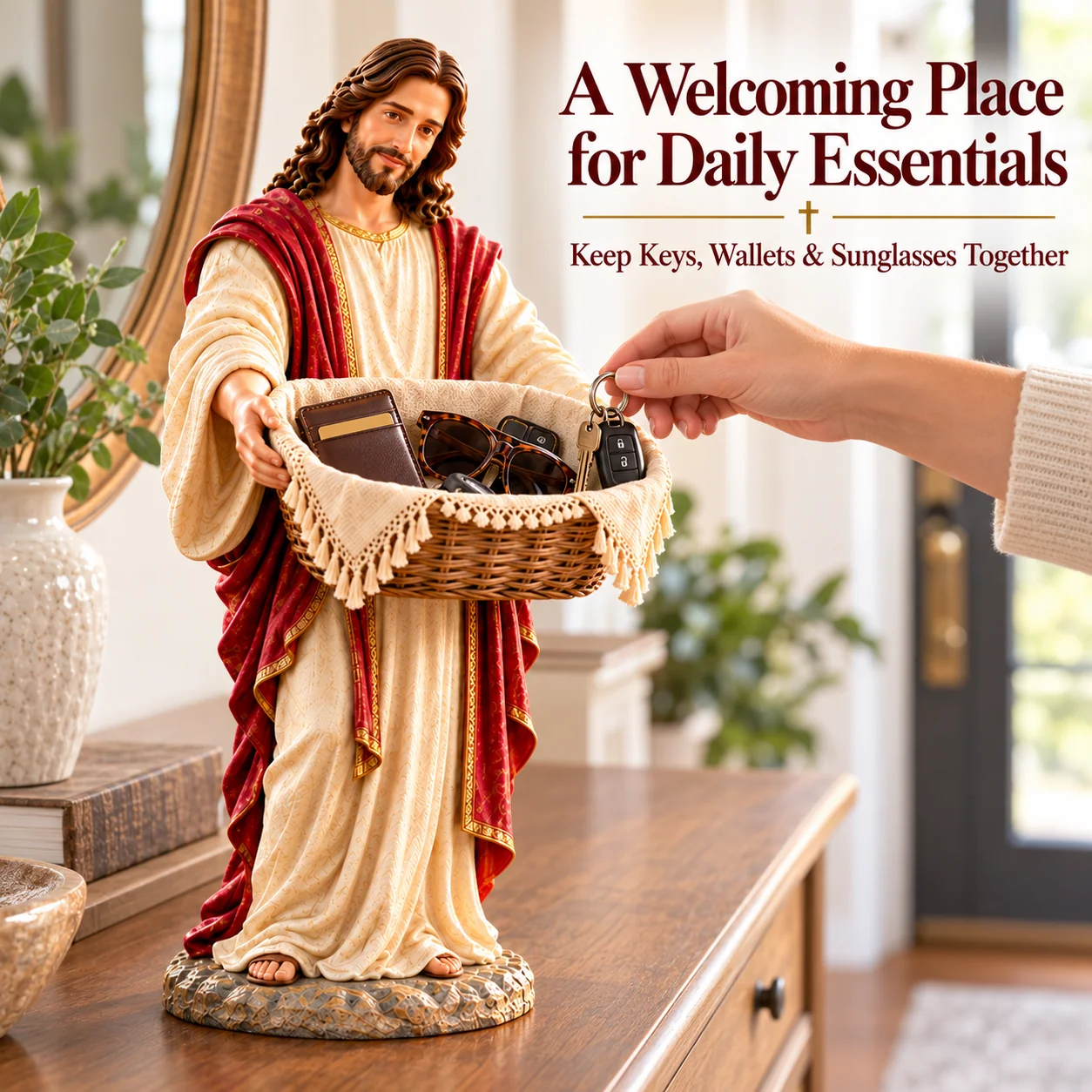 Jesus basket organizer beside a quiet reading space