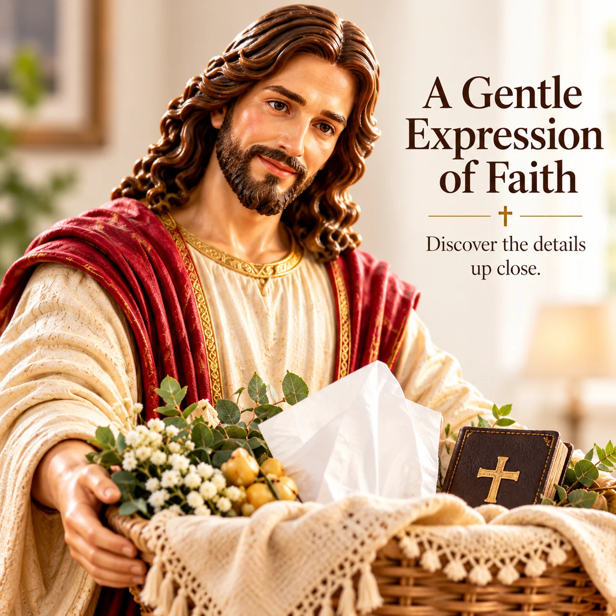 Close-up of the Jesus figurine's gentle expression