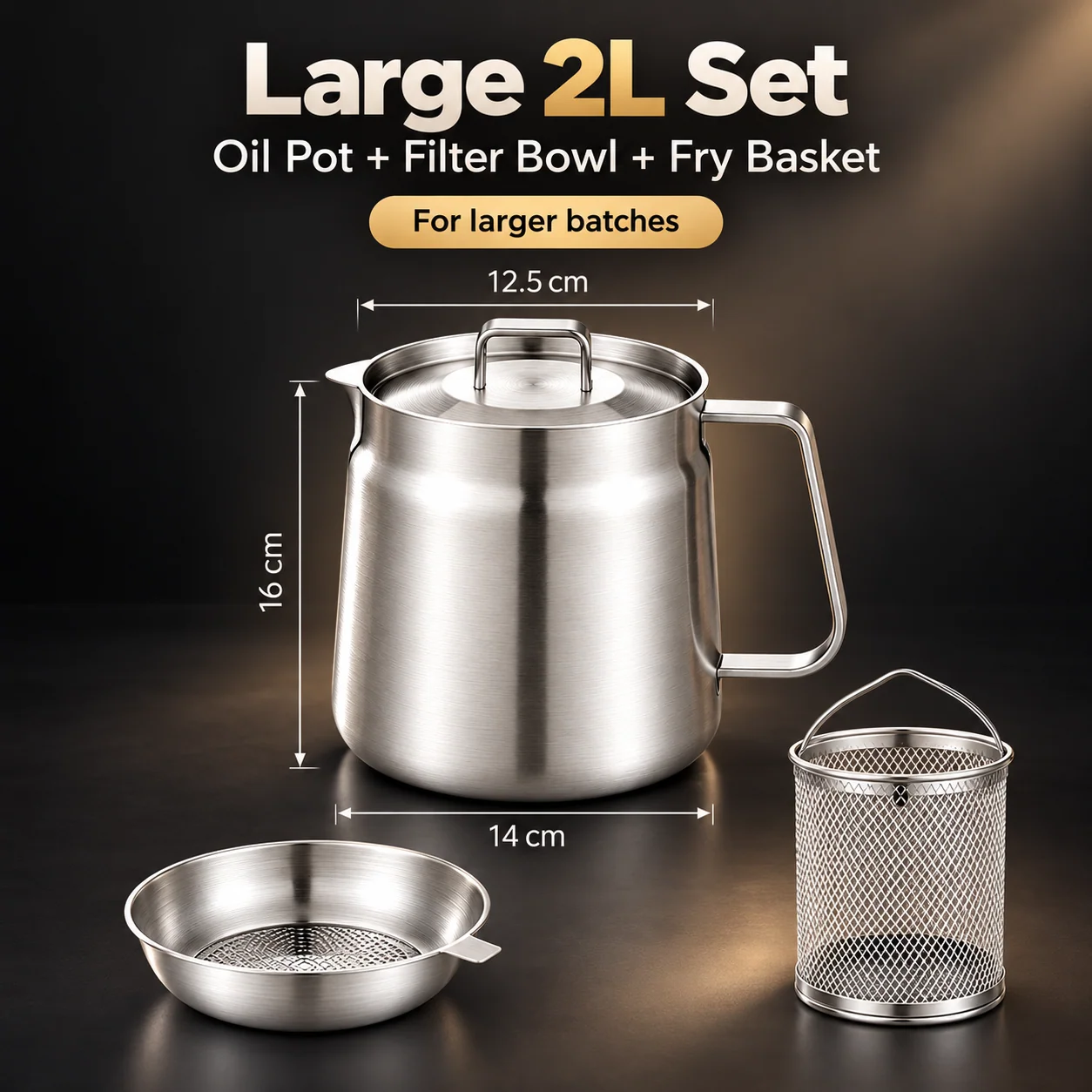 Large two-liter three-piece stainless steel fryer set with oil pot, metal strainer bowl and frying basket