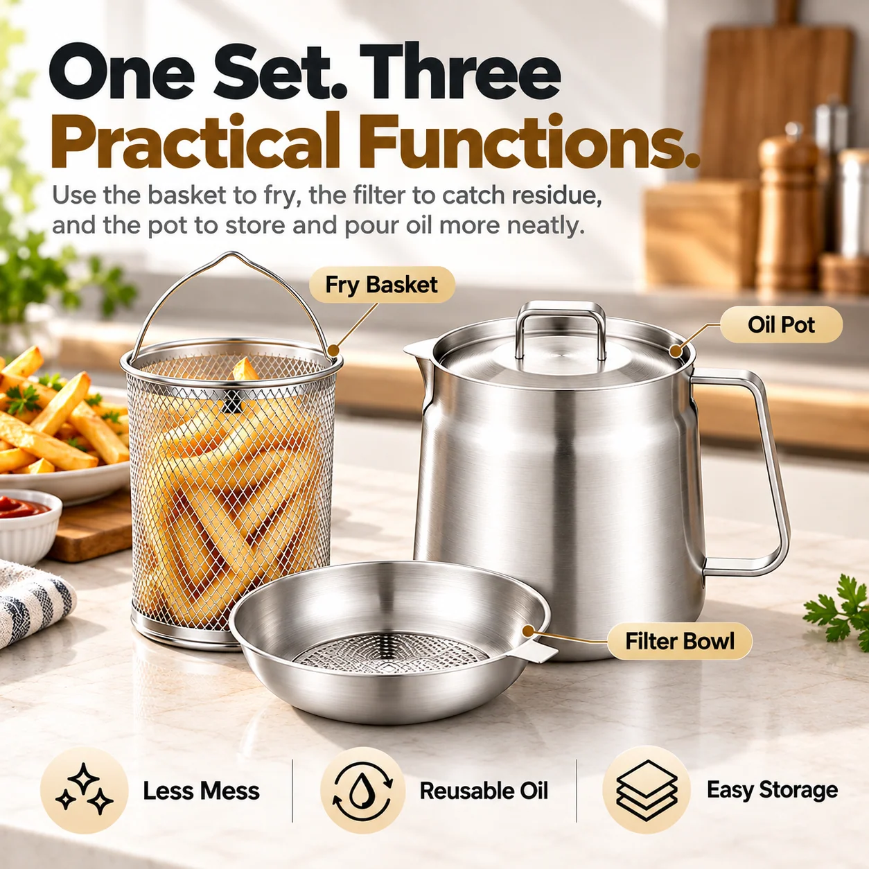 Exploded three-piece set showing stainless steel oil pot, removable filter bowl and frying basket