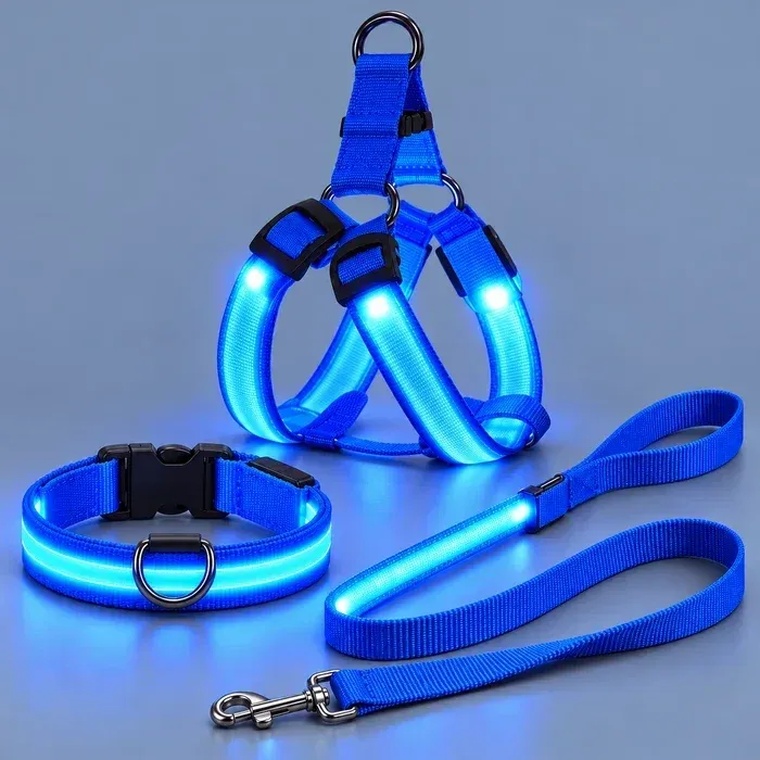 Blue LED harness, collar, and leash set
