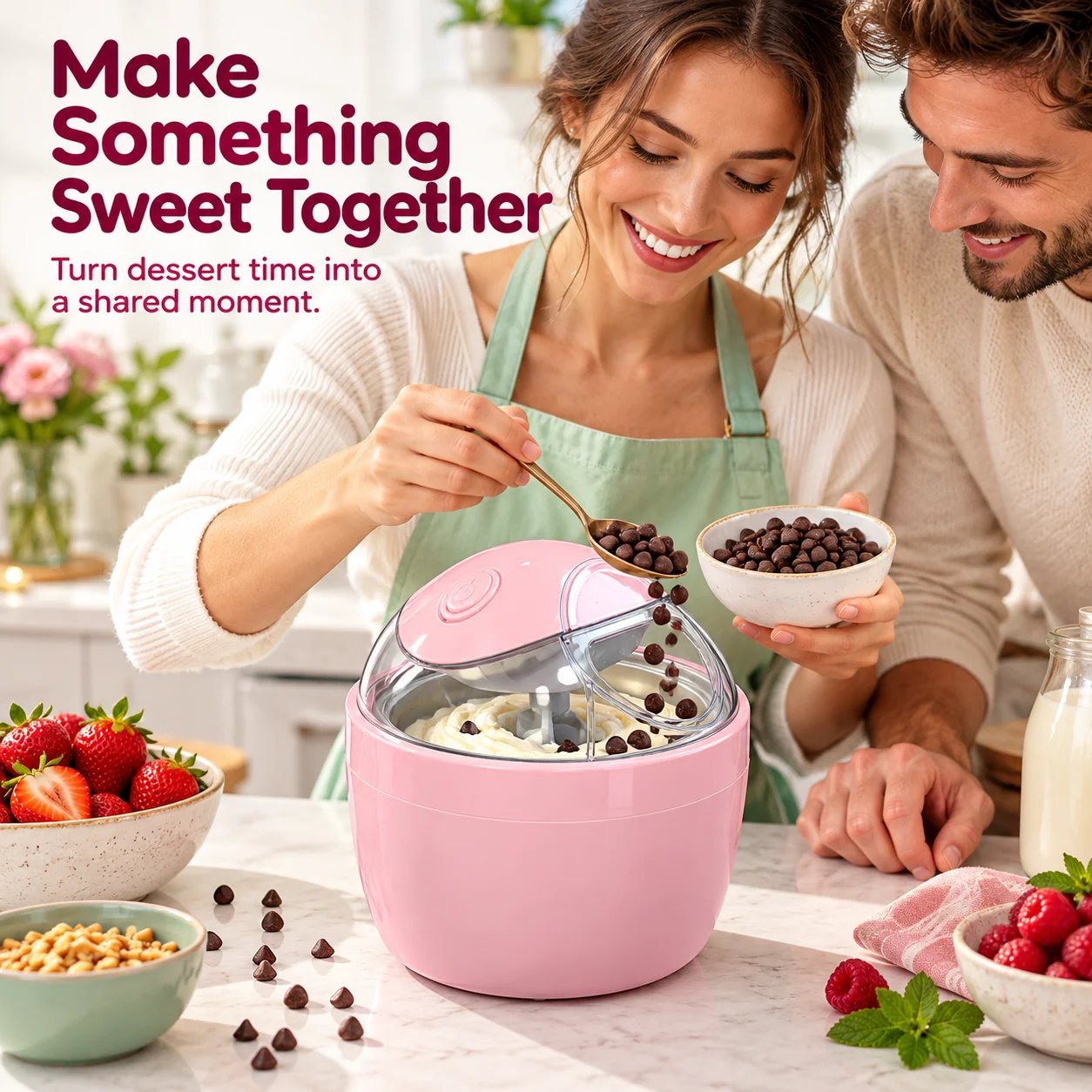 Pink ice cream maker cup with homemade dessert ingredients