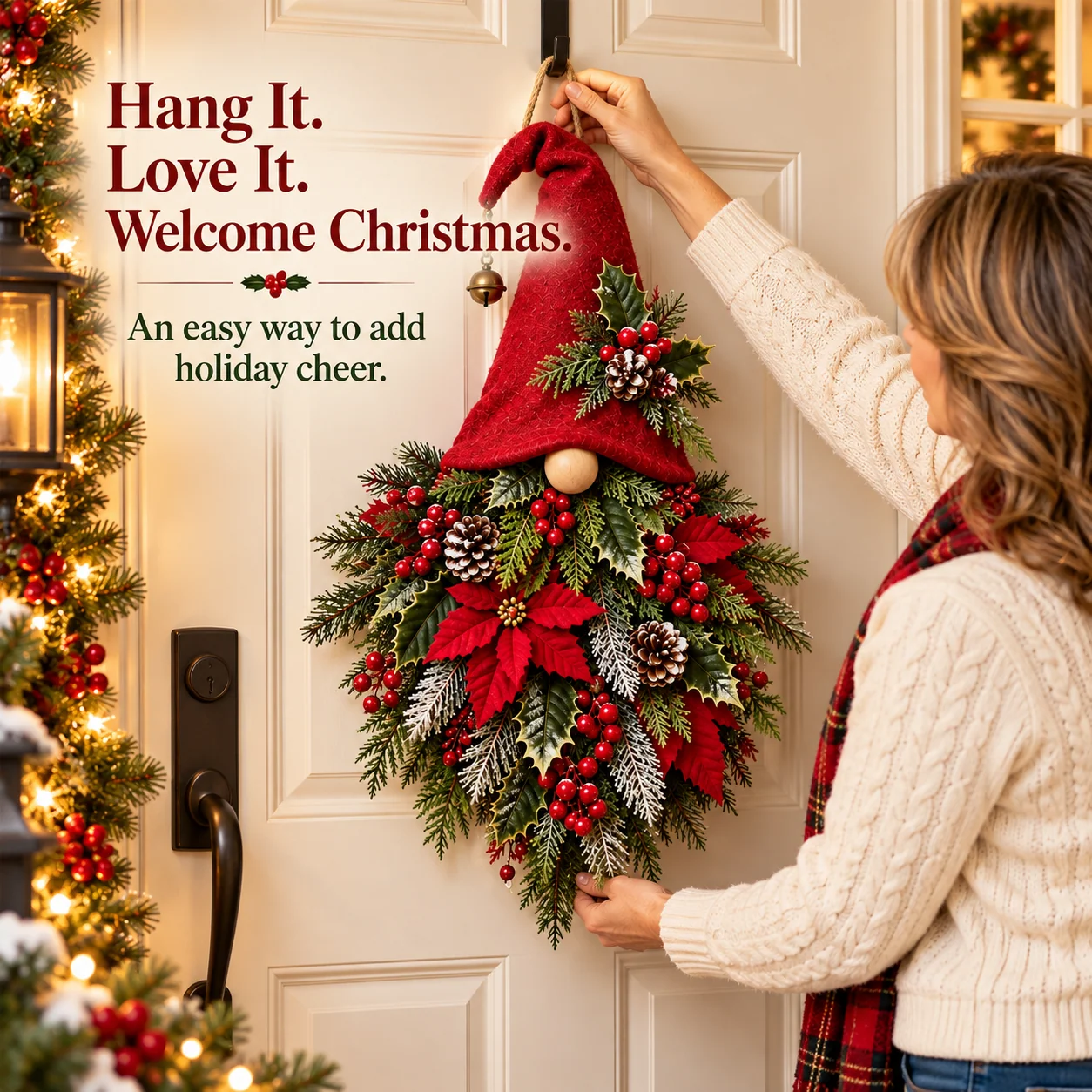 Christmas Evergreen Gnome hanging on a front door
