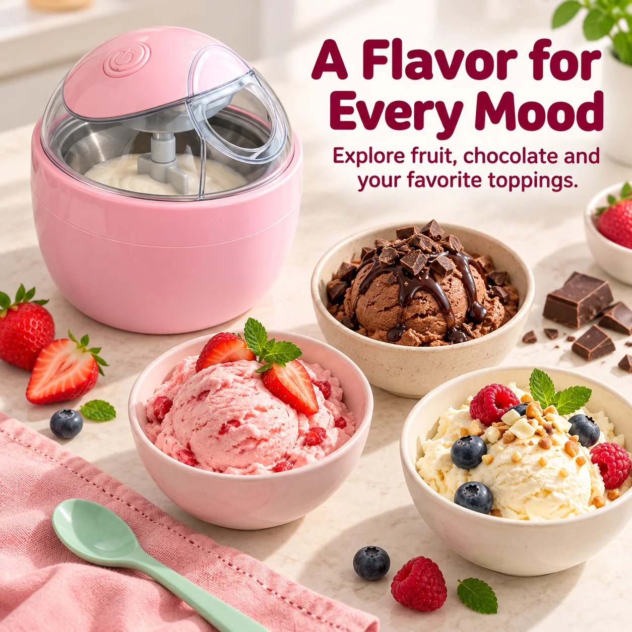 Different homemade ice cream flavors served with fruit and chocolate
