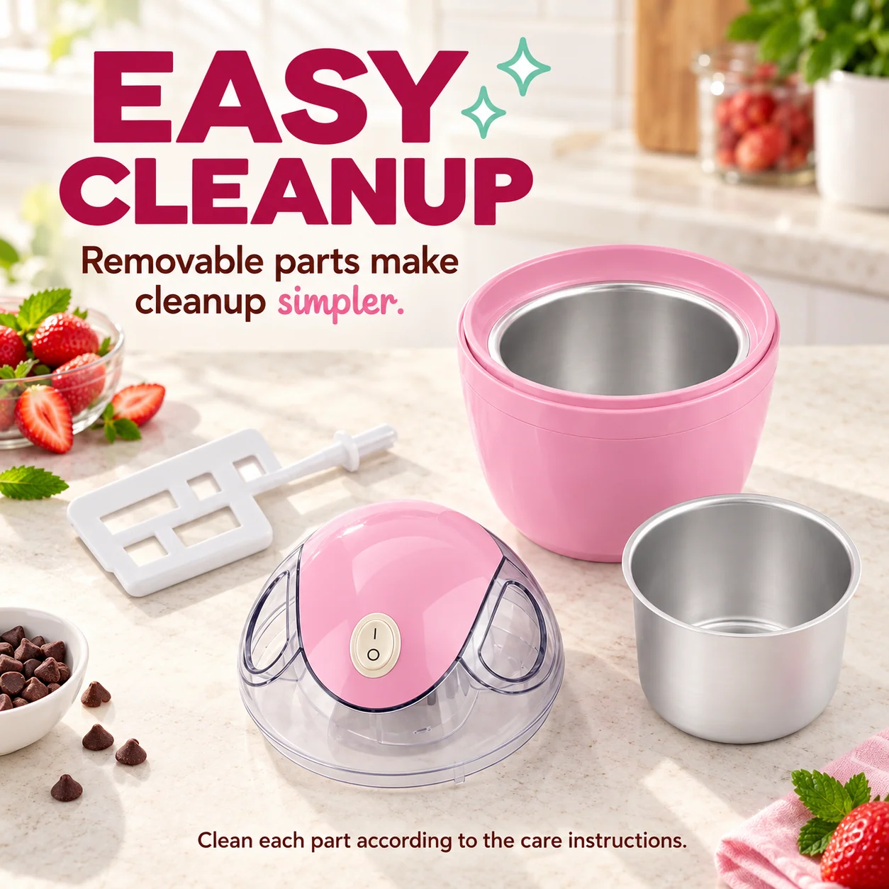 Removable components of the pink ice cream maker cup