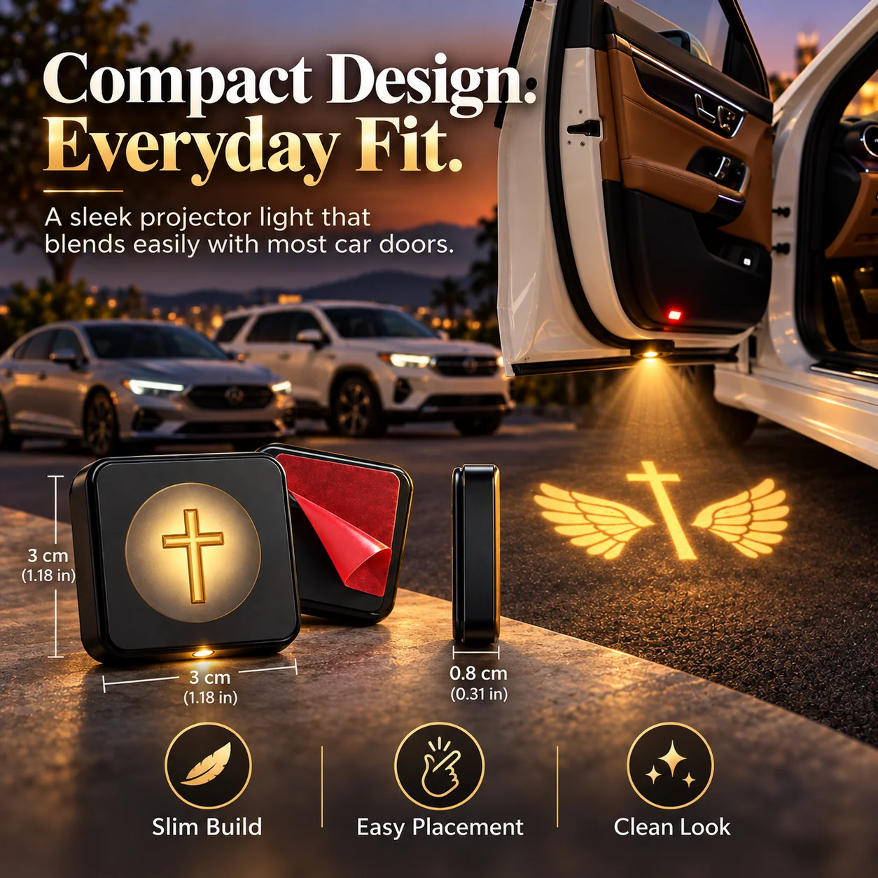 Compact black car door projector with golden cross design, adhesive backing and dimensions shown as approximately 3 by 3 centimeters and 0.8 centimeters thick