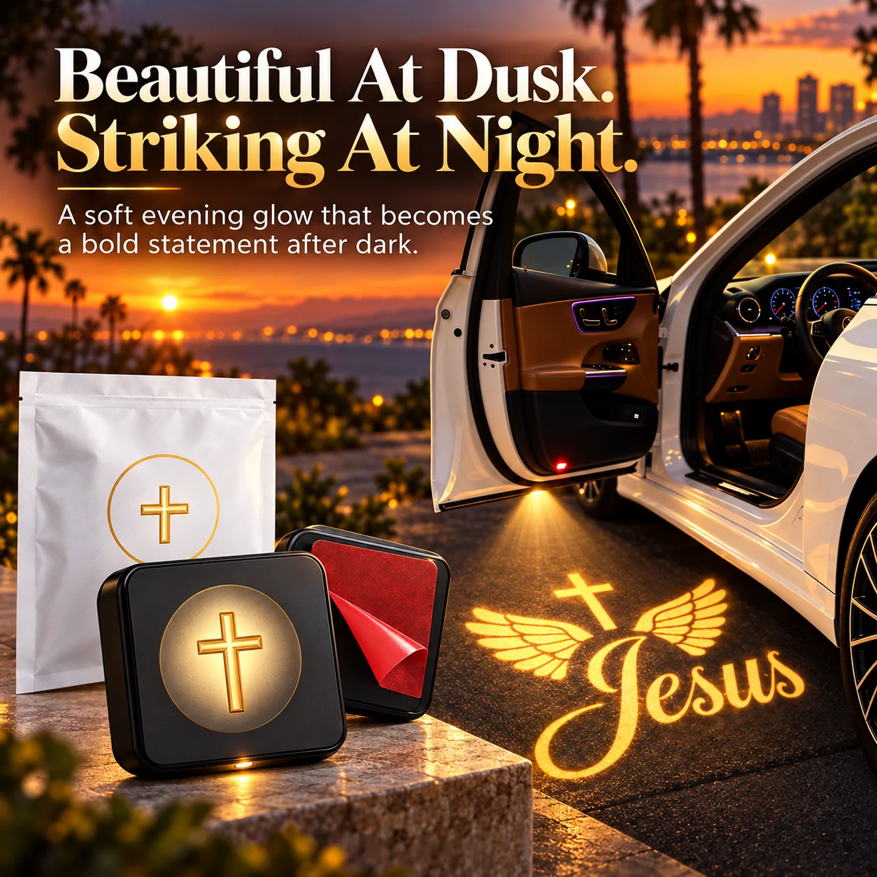 Golden Jesus with wings and cross projection beside an open white car at sunset, with the compact projector displayed in the foreground