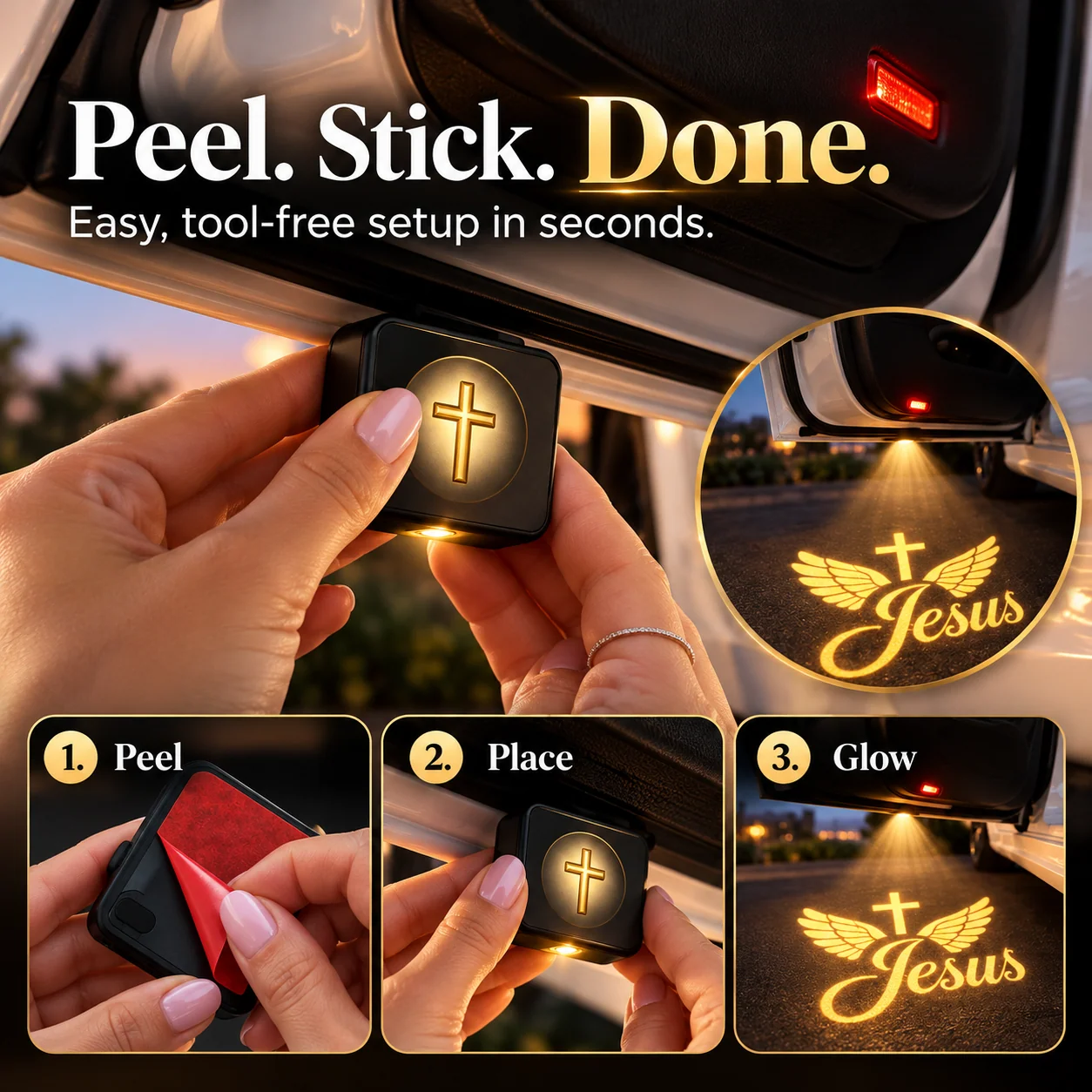Hands peeling the adhesive backing from a compact Christian car door projector and placing it on the underside of an open car door