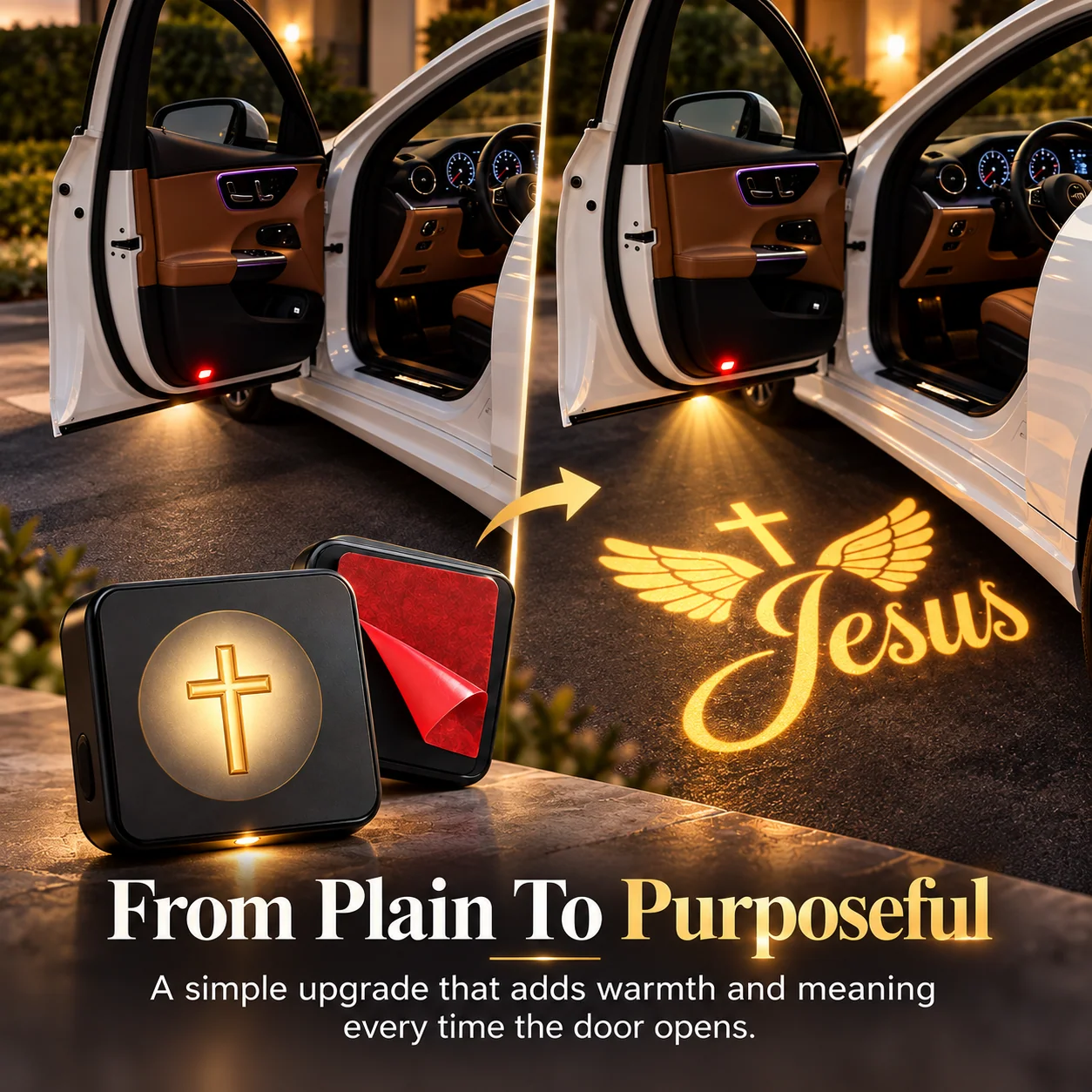 Before and after comparison showing an open car door with a simple appearance and a warm golden Jesus with wings projection on the ground
