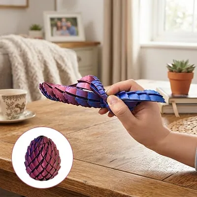 Purple and blue articulated dragon being held above a table with its matching egg shown