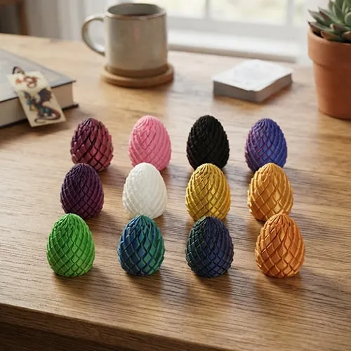 Dragon eggs in a variety of colors arranged on a wooden table