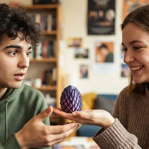 A colorful dragon egg being given as a gift