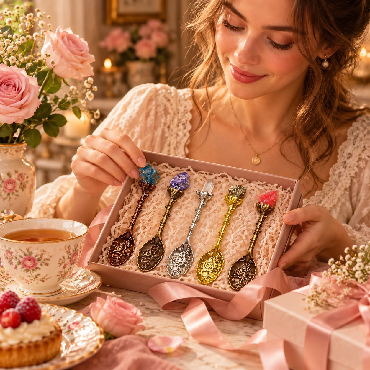 Vintage crystal-style floral spoons arranged as a gift