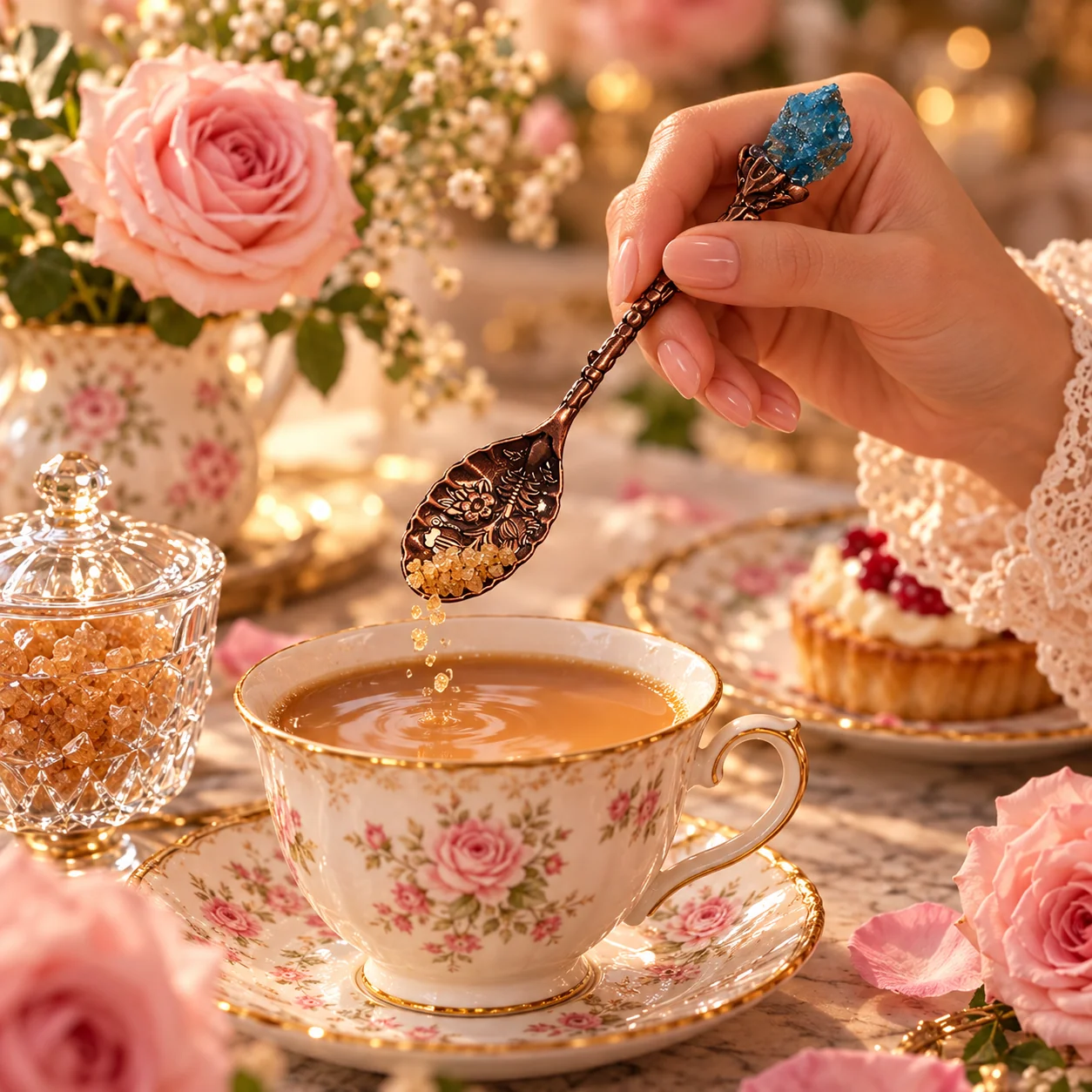 Close-up of ornate floral spoon with decorative crystal-style top