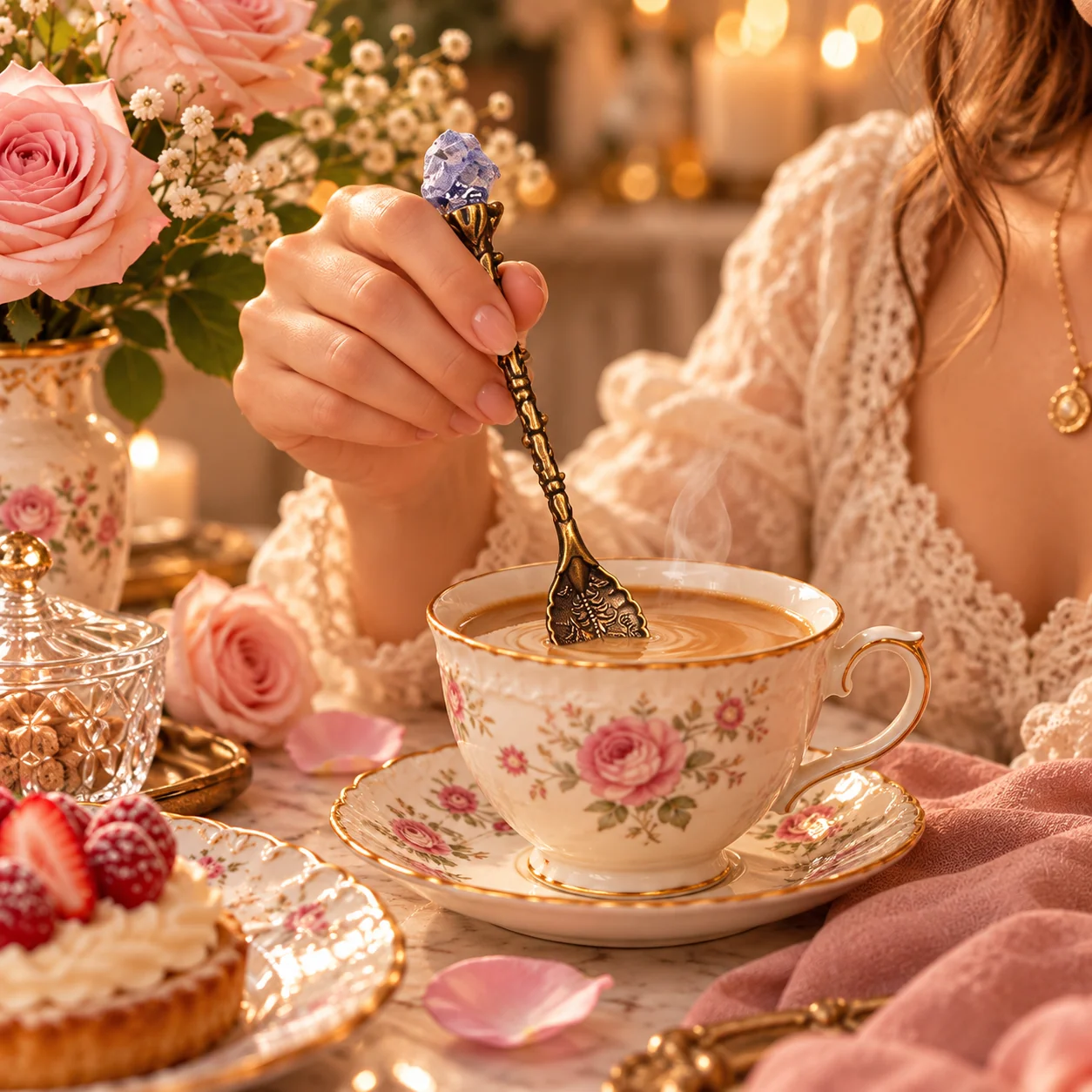 Vintage floral spoon beside an elegant floral teacup